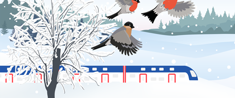 Illustration of a Mälartåg train in a winter landscape with 3 birds flying in the foreground
