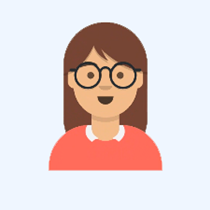 En digital illustration av en kvinna i röd tröja och glasögon.